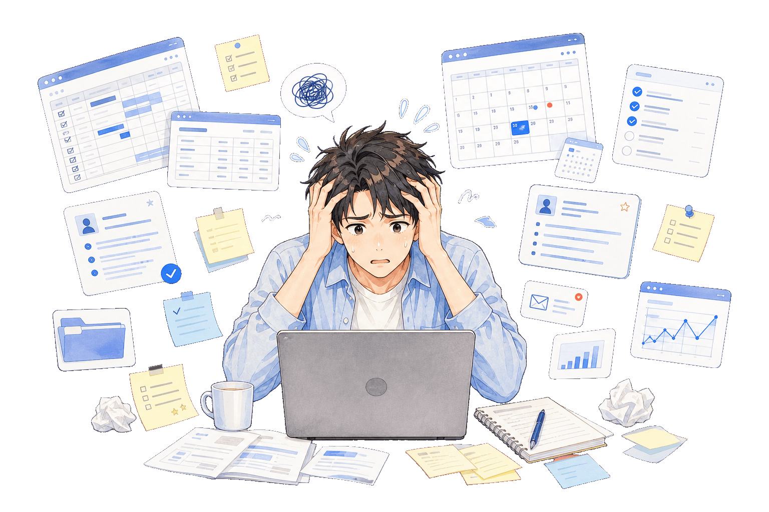 散らばるツールと情報に囲まれて悩む学生